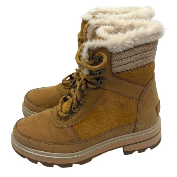 SOREL Lennox Lace Up Cozy Faux Fur Waterproof Boot 5.5 Combat Heeled Tan Cream - Picture 5 of 13